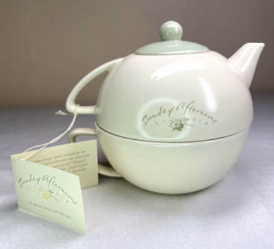 VTG 90's Sunday Afternoons Teapot & Cup One Piece White Green 1990 6'' Soft Cozy