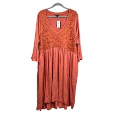 Torrid Womens Dress V Neck Lace Pleated Flared 3/4 Sleeves Pockets Orange Sz 4X*