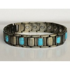 Antique Silver  TURQUOISE RECTANGLES MENS ARTHRITIS THERAPY MAGNETIC BRACELET