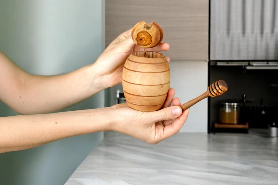 Maceta de miel de madera de olivo hecha a mano con cazo - Regalo rústico y único (4,5 oz) Foto 2 de 4