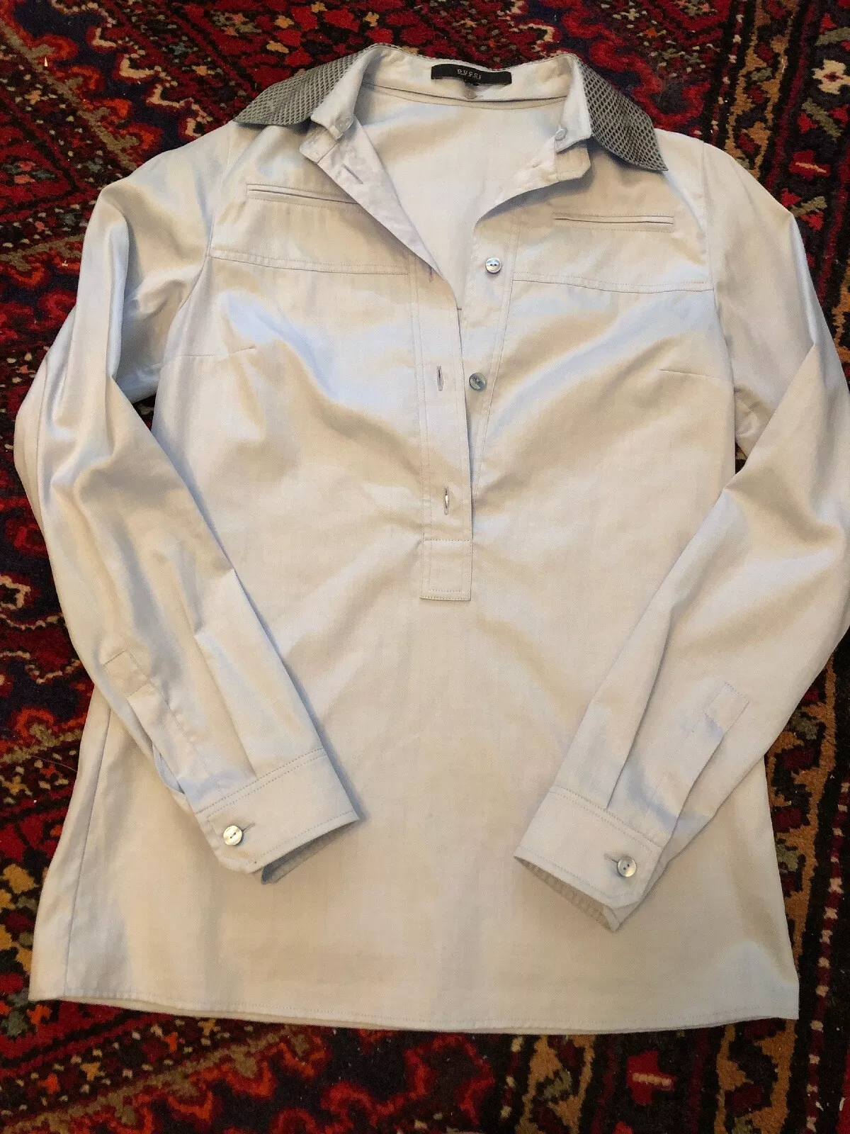 Authentique chemise robe Gucci bleue col amovible avec vraie peau de serpent taille 38