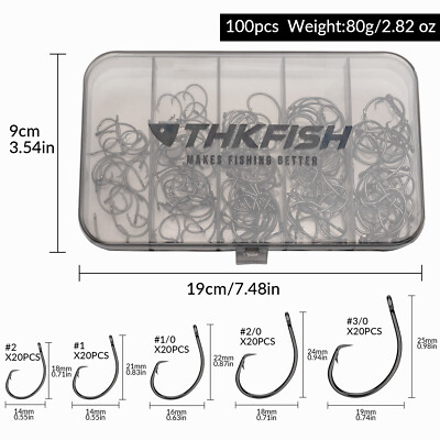 THKFISH 100pcs Sea Fishing Hooks #2 #1 #2/0 #3/0 High Carbon Steel Round Hooks