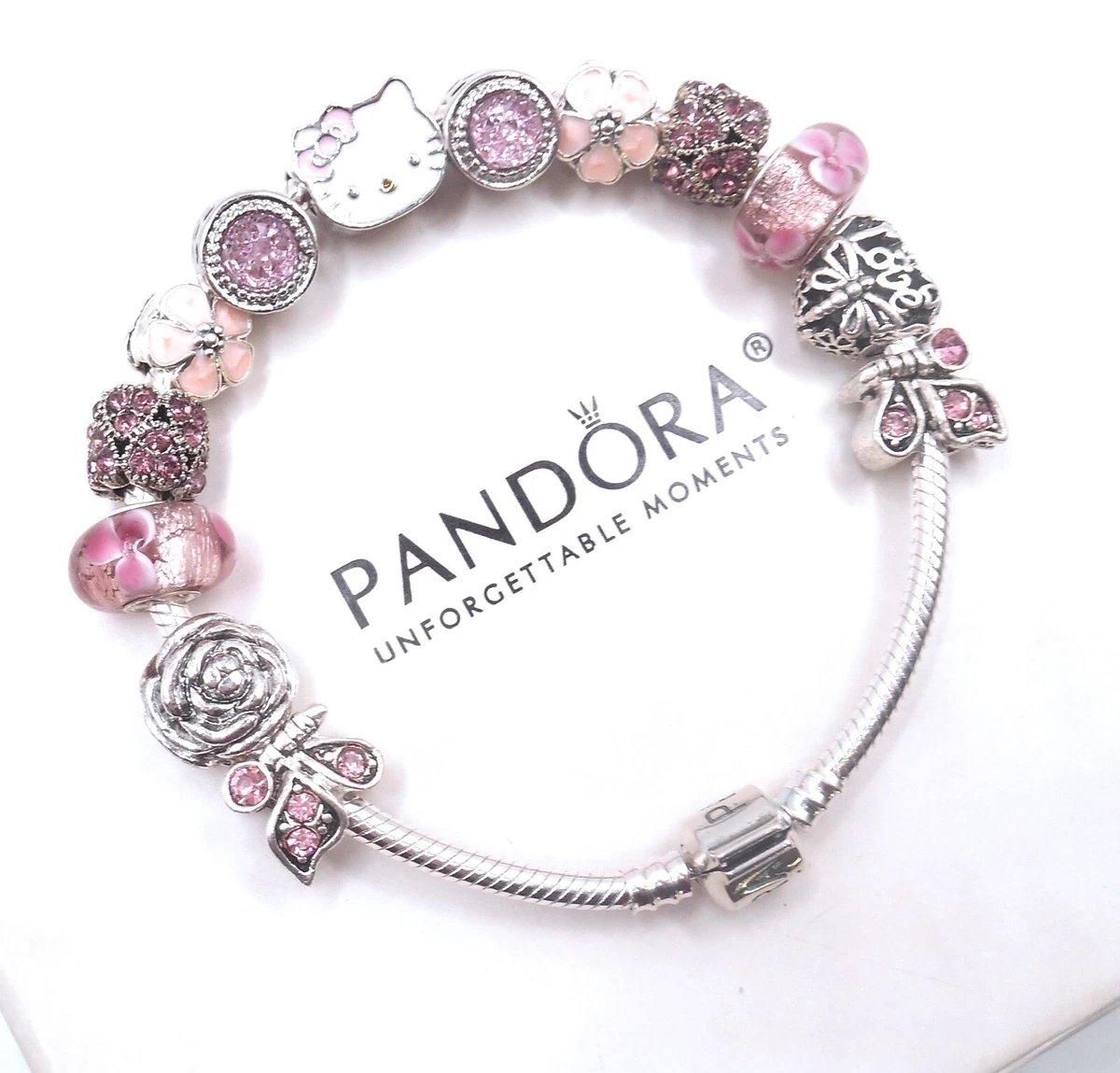 PANDORA SILVER CHARM BRACELET WITH PINK CRYSTAL LOVE MY KITTY CHARMS & GIFT  BOX!