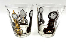 Vintage MCM Retro Barware Lowball Rocks Glasses Black Gold Clocks - Set of 2