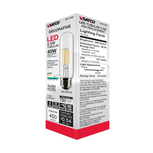 Satco S21346 LED Filament 120V 5.5W 40W Dimmable T10 Medium E26 4000K Cool White - Picture 4 of 11