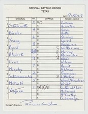 9-22-07 Texas Rangers Game Used Umpire Lineup Card - Ian Kinsler & Nelson Cruz