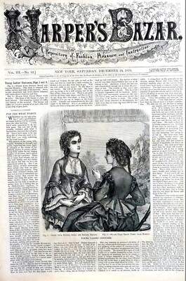 Harper's Bazar Newspaper 12-24-1870 VICTORIAN LADIES GIRLS EMBROIDERY HAIR STYLE