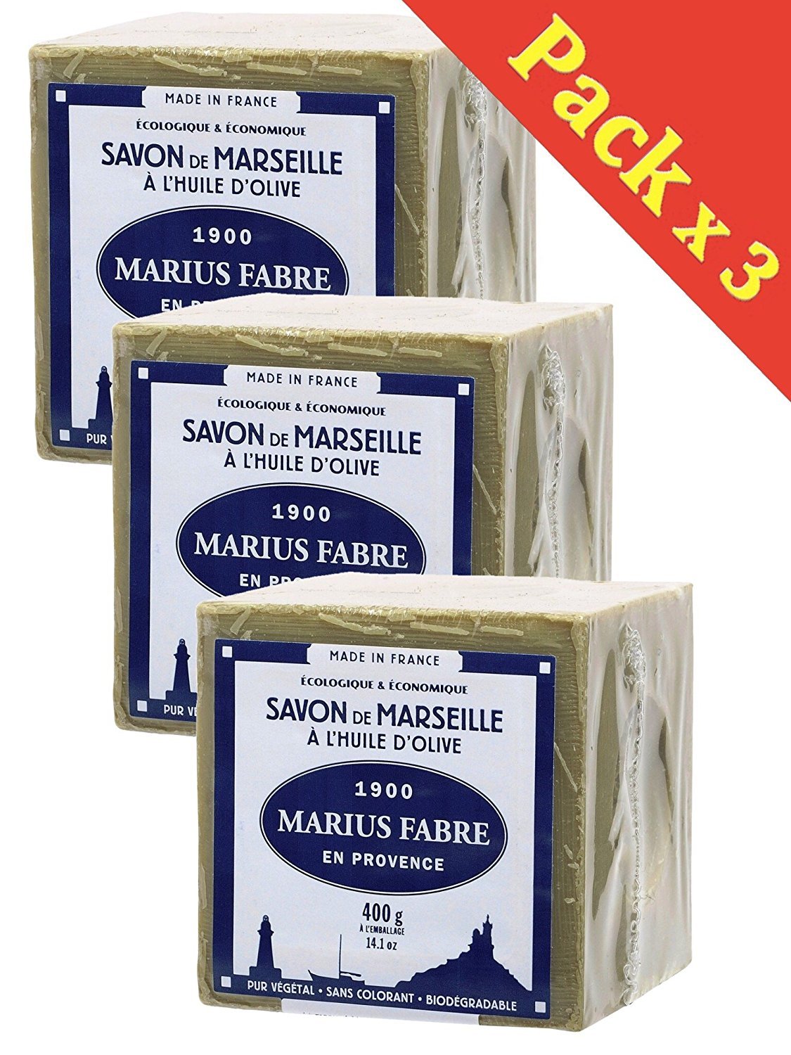 Savon de Marseille à l'Huile d'Olive Cube 400g - Lot de 3 Véritables Cubes