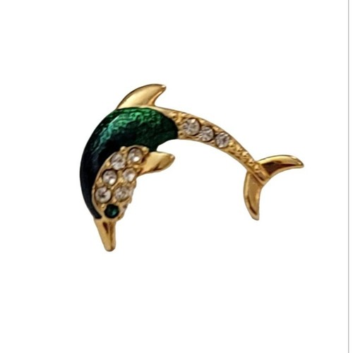 Krementz Gold Tone Green Enamel Clear Rhinestone Dolphin Lapel Scatter Pin, K134