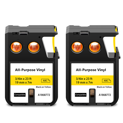 2PK for DYMO XTL-300 500 All-Purpose Vinyl 19mm Black on Yellow 1868772 Label