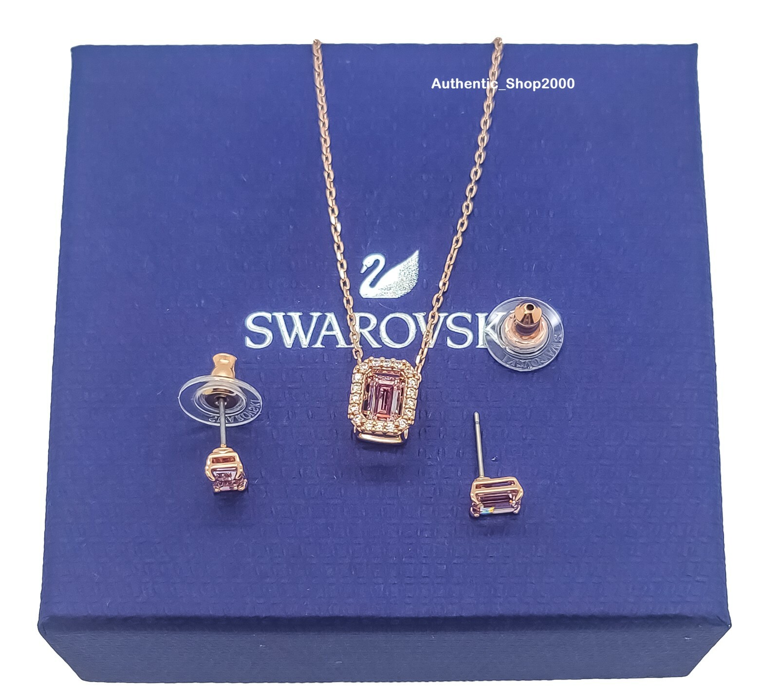 SWAROVSKI Rose gold Octagon Pink Crystal Millenia Necklace Earring Set ...