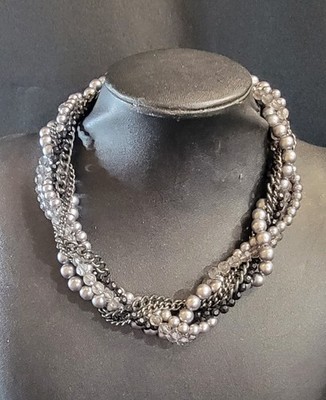 Multi-layer Cluster Choker Necklace Classic Gothic Black Silver Bead Metal Chain