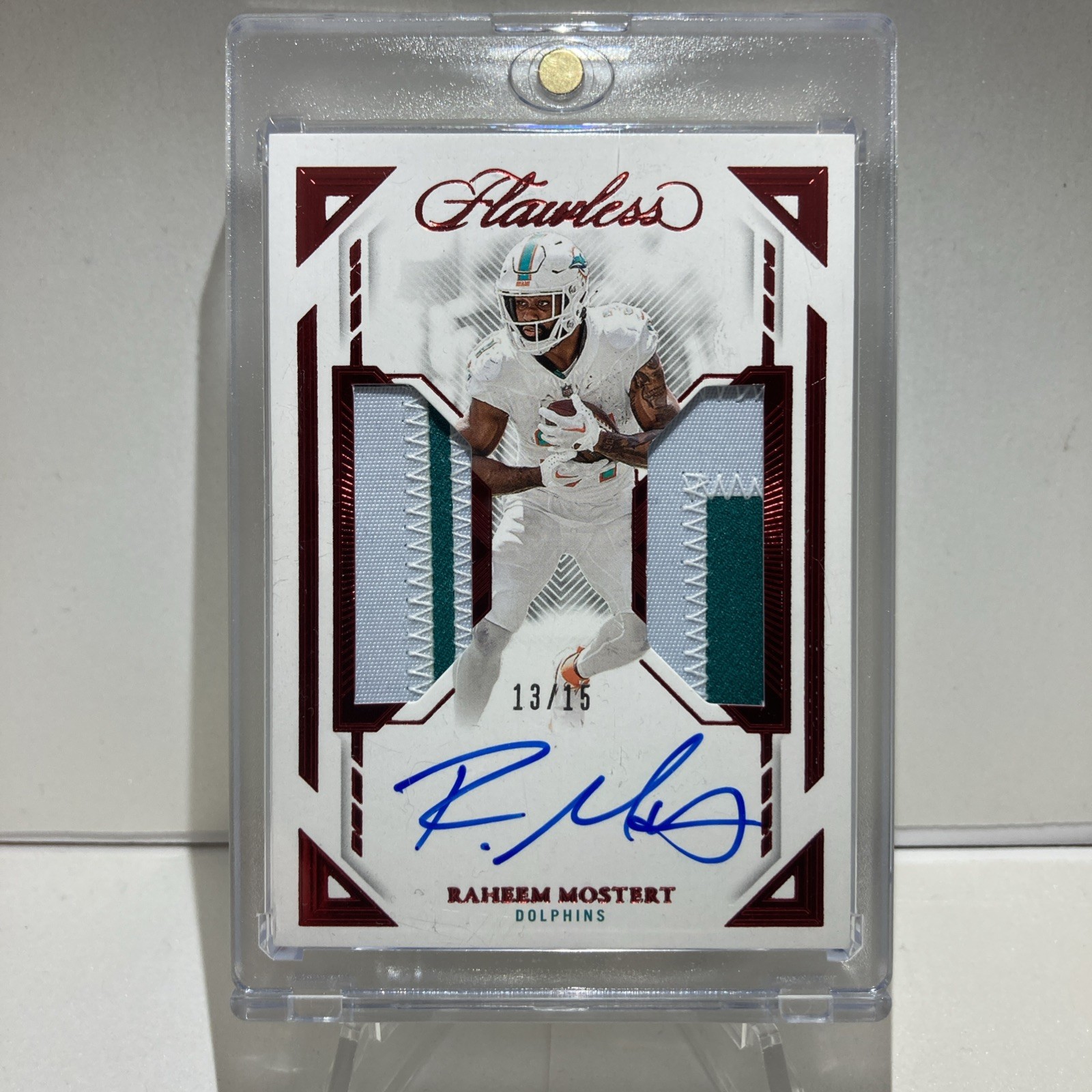 2023 Panini Flawless Raheem Mostert Auto /15 Ruby Dual Patch Autographs Miami view 1