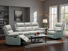 GREY Italian Leather 3 Seater + 2 Armchairs Manual Reclining Suite ABERINO