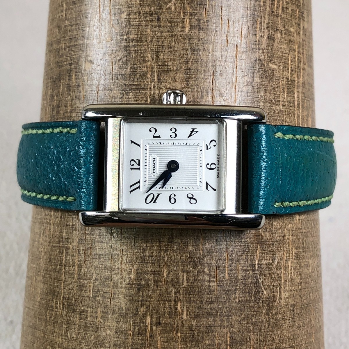 Coach Women W002B Dress Tank Swiss Made Blue Leather Band Quartz