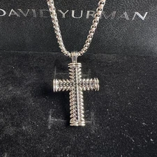 David Yurman Sterling Cable Cross Pendant w/ Box 3MM Chain Necklace 21in