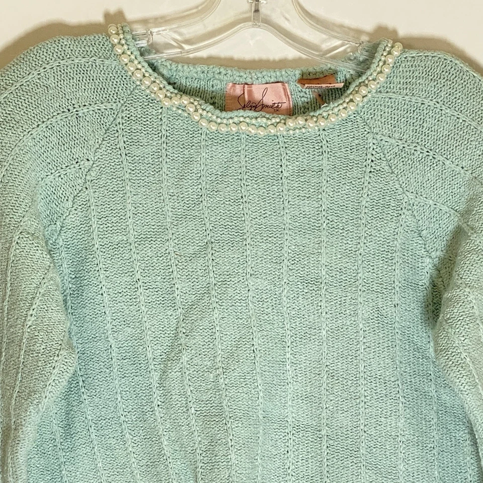Suéter Vintage Jaclyn Smith Mujer Pequeño Antiguo Azul Corea Mezcla Seda Perla Foto 2 de 4