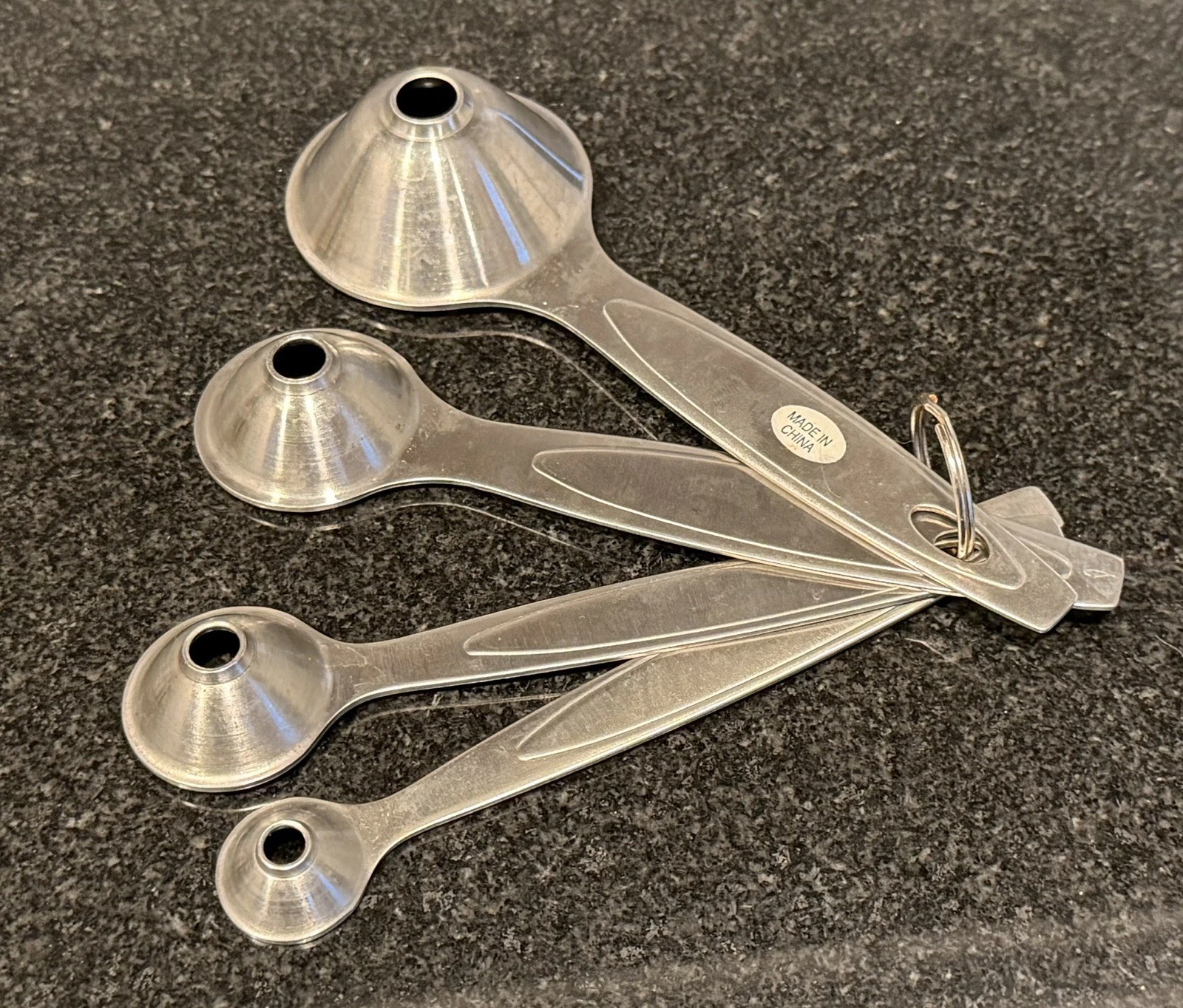Vintage MCM Stainless Set Funnel Measuring Spoons Nesting 4 Baking Measure Set