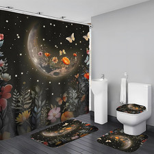 Shower Curtain Set 4 Pcs Black Moon Bathroom Sets with Shower Curtain and Rugs B