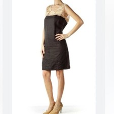 10P LOFT Black Linen Beige Floral Crochet Boho Beachy Coastal Shift Midi Dress