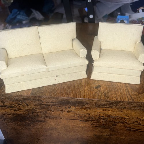 VTG Dollhouse Miniature Couch/Sofa Chair, Off White 1:12 Scale Fabric & Wood