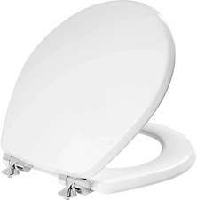 Bennett Toilet Seat with Chrome Hinges, Slow Close Wood Seat, Secure Metal Hinge