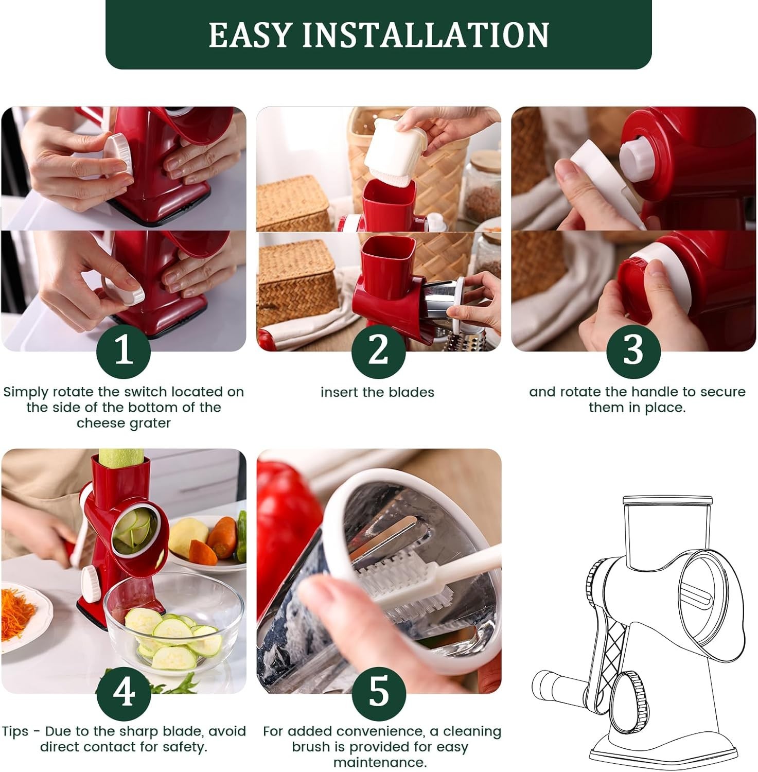 Rotary Cheese Grater Hand Crank, Shredder Slicer Grinder, 3 Blades NEW ...