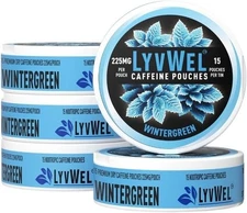 LyvWel 225mg Wintergreen 5 Pack Caffeine Pouch | Energy Upper Decky | 75 Count