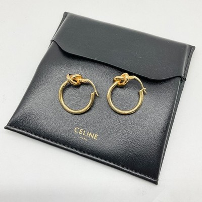 CELINE Knot small Hoop Gold Earrings w/Case Black Used Good Condition From Japan