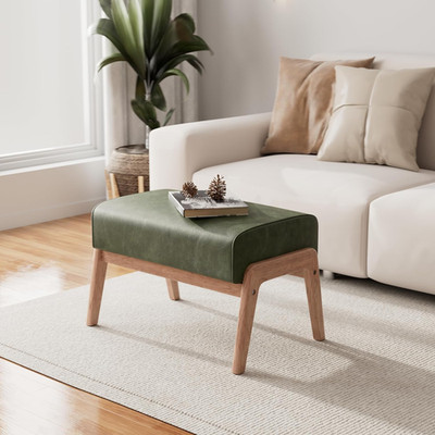 Hunter Green Faux Leather Ottoman Footrest with Walnut Wood Frame