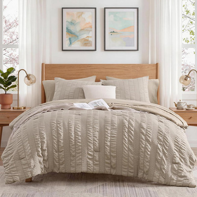 Full Size Comforter Set, 7 Pieces Oatmeal Seersucker Bed in a Bag Full Size 