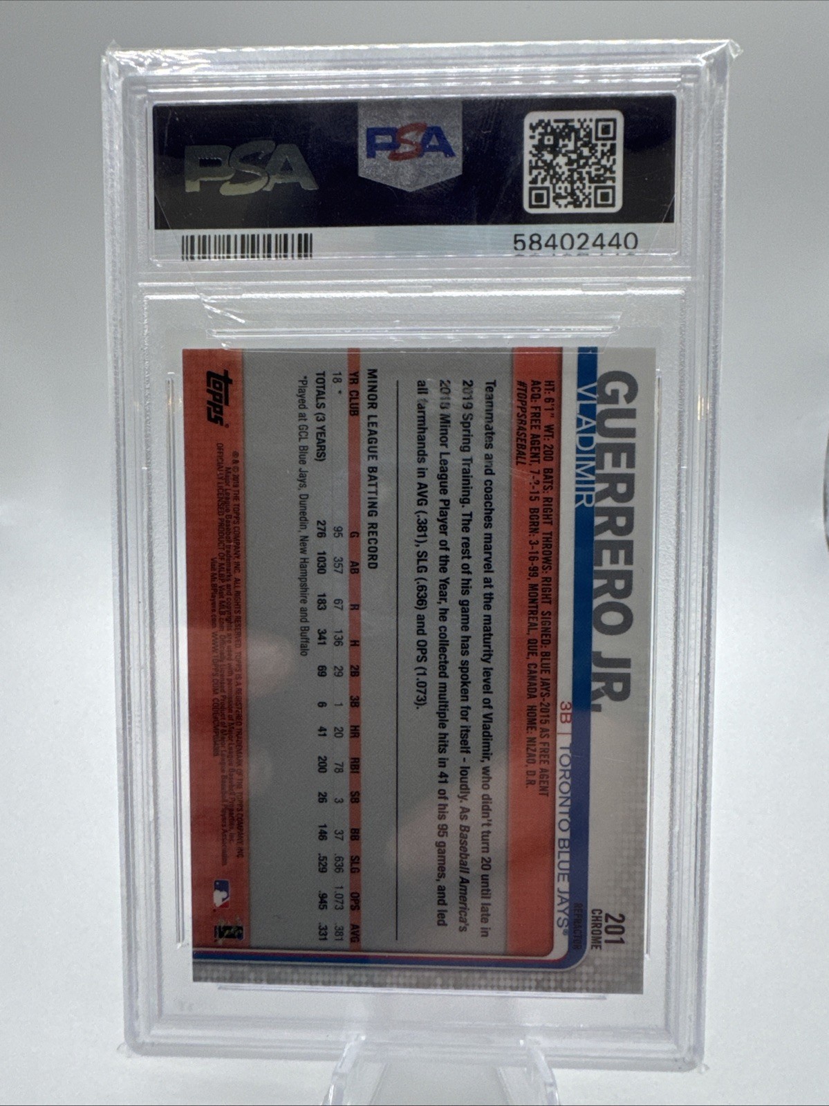 2019 TOPPS CHROME #201 VLADIMIR GUERRERO JR. RC REFRACTOR ROOKIE SP PSA 9 MINT! view 2