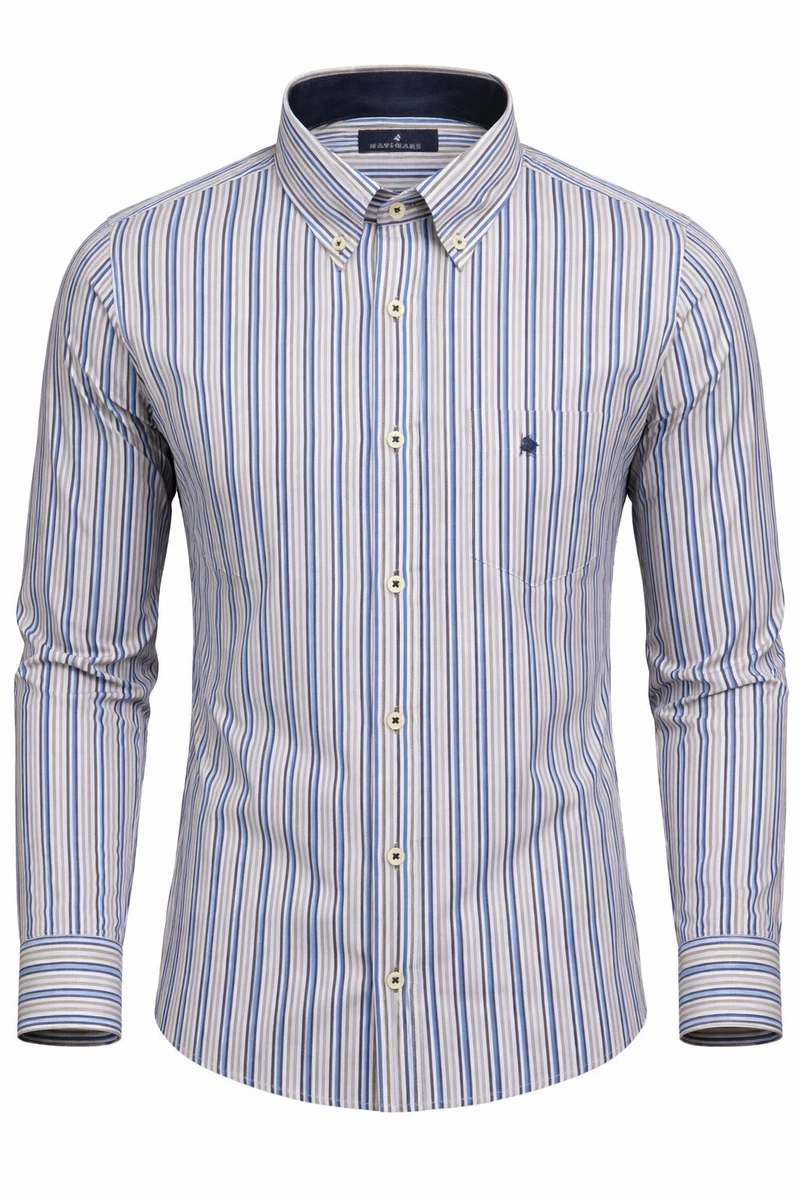 Camicia Uomo Maniche Lunghe Elasticizzata A Righe – Casual Abbottonata – Bianco E Blu Marino, Taglia XXL