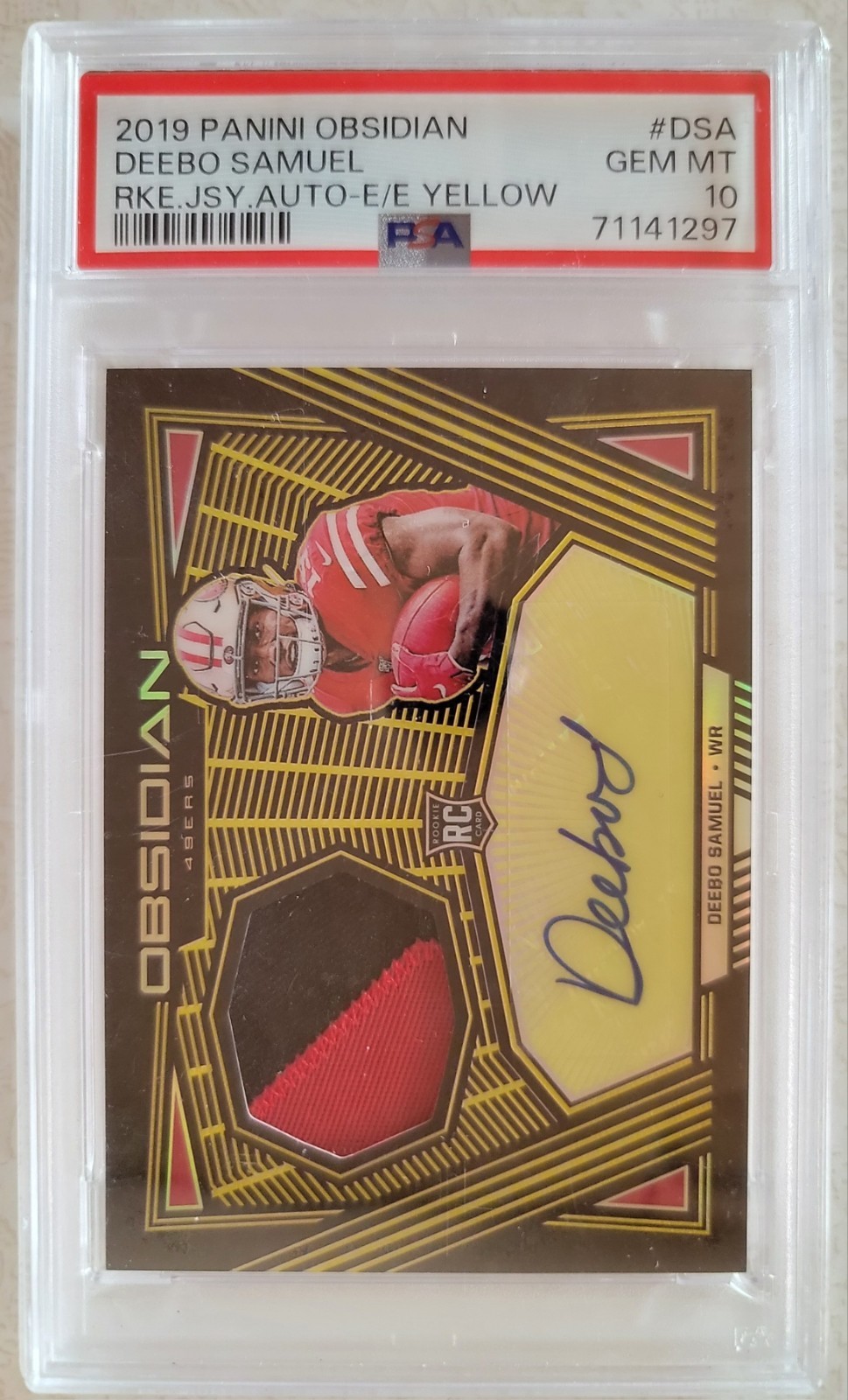 Deebo Samuel Panini Obsidian Rookie Autos #DSA Electric Etch Yellow