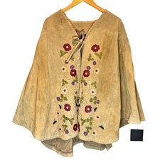Adrienne Landau NWT Tan Suede Floral Embroidered Cape - One Size