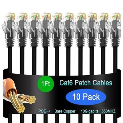 10 PCS Cat6 Ethernet Patch Cable 1 ft Network Patch Cord 10G Black Wire