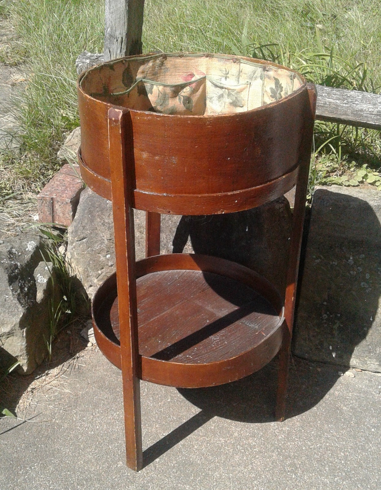 Antique Primitive Cheese Box Sewing Stand Folk Art 1920s Era