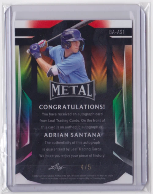 2023 LEAF METAL BLUE PULSAR ROOKIE BASE PARALLEL 4/5 ADRIAN SANTANA #BA-AS1 RAYS - Image 2 of 2