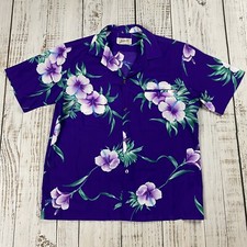 VTG 70S HELENA'S HAWAIIAN SHIRT USA HANDMADE PURPLE FLORAL HIBISCUS BUTTON CAMP