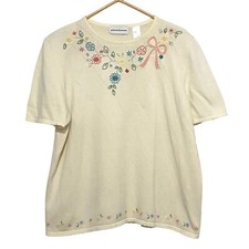 Alfred Dunner Embroidered Sweater XL Cream Spring Grandmacore Flowers Harlequin
