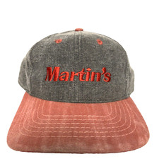 Vtg Martins Hat Spell Out Script Logo Made USA Snap Back 2-Tone Baseball Dad Cap