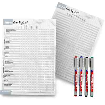 Haushaltsplaner inkl. 4 Stifte DIN A4 Putzplan Whiteboard Familie WG abwischbar