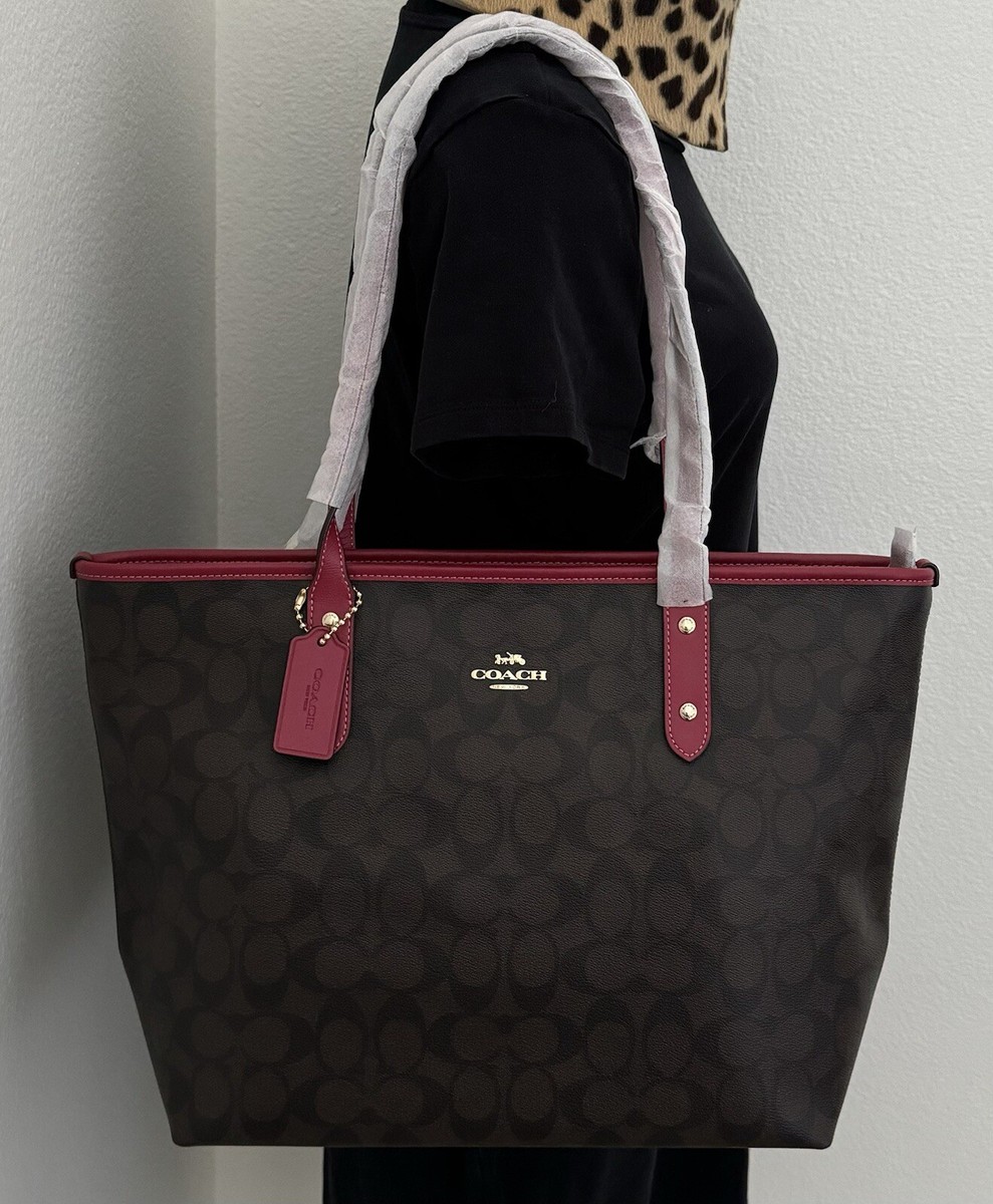 バッグ COACH Tote Bag Signature Red Vintage COACH Signature City Zip Tote Brown / Red Leather Shoulder