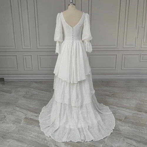 Vintage White Wedding Dresses Floral Sleeve Ruffle Tiered Lace Skirt Bridal Gown - Picture 9 of 12
