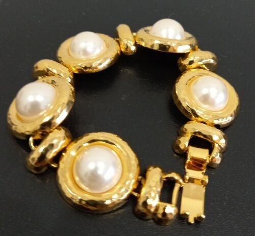 Yellow Gold Toned 18cm  20mm Round Link FAUX MABE PEARL STATMENT BRACELET 39gs - Bild 1 von 15