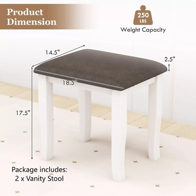 2PCS Vanity Stool Chair Solid Wood Ottoman Set w/Padded Seat Cushion Gray