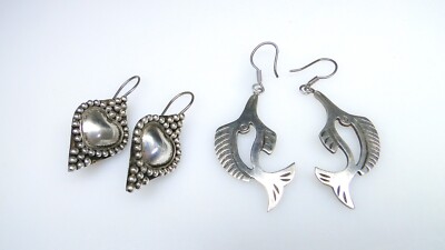 Vintage Sterling Earrings Mexican Swordfish & Fancy Heart 2prs Pierced Lot