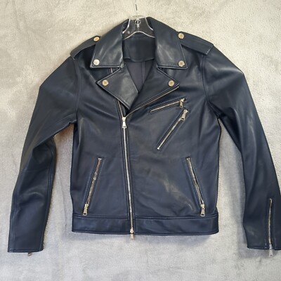 For All Mankind Leather Motorcycle Jacket Men's Size S Moto Style Navy  Classic