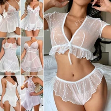 Sexy Lingerie Women Sheer Mesh Lace Nightwear Chemise Wedding Sleepwear G-string