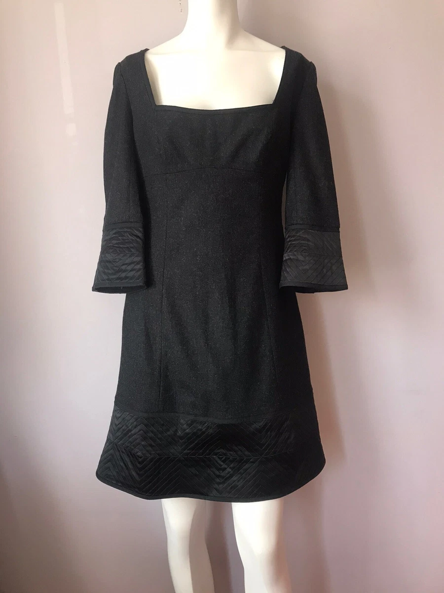 Karen Millen Contrast Charcoal Wool Silk Bell Sleeves Dress US 6 EUC